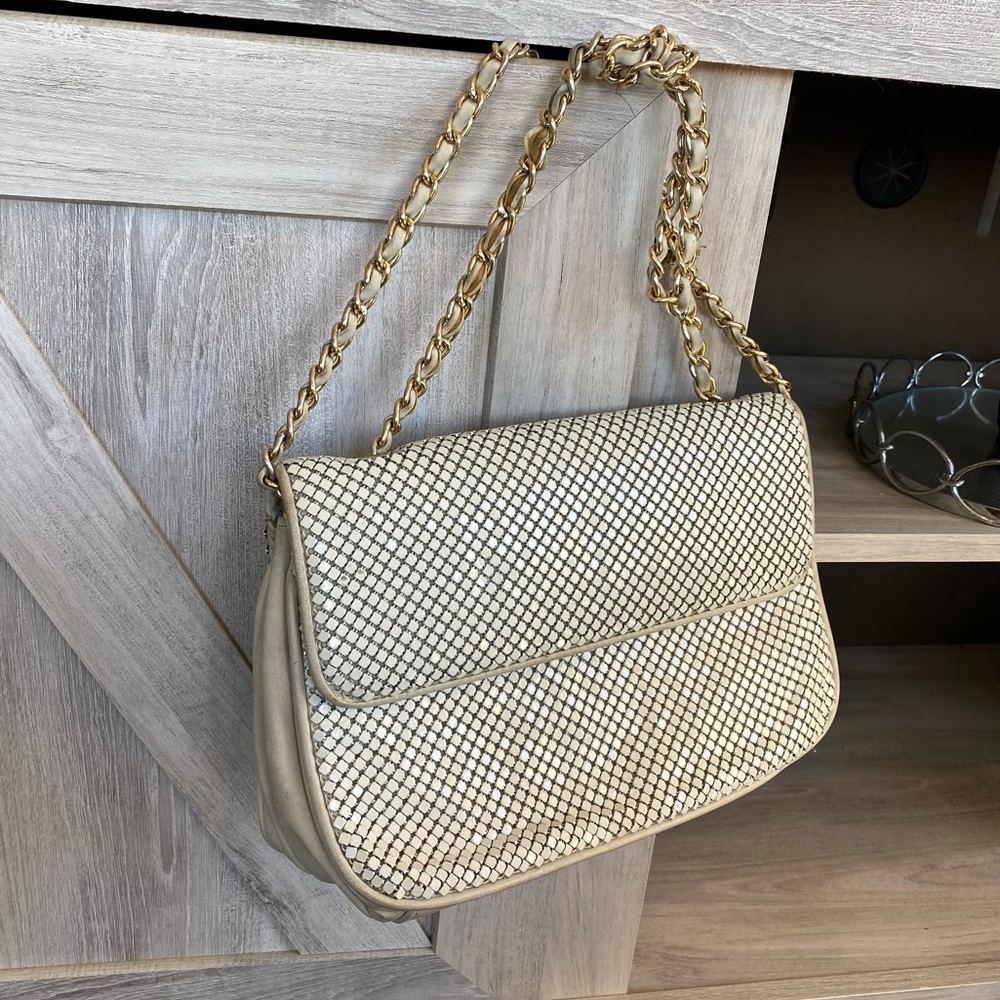 Whiting & Davis Vintage Metal Mesh Bag Cream Gold Metal Chain